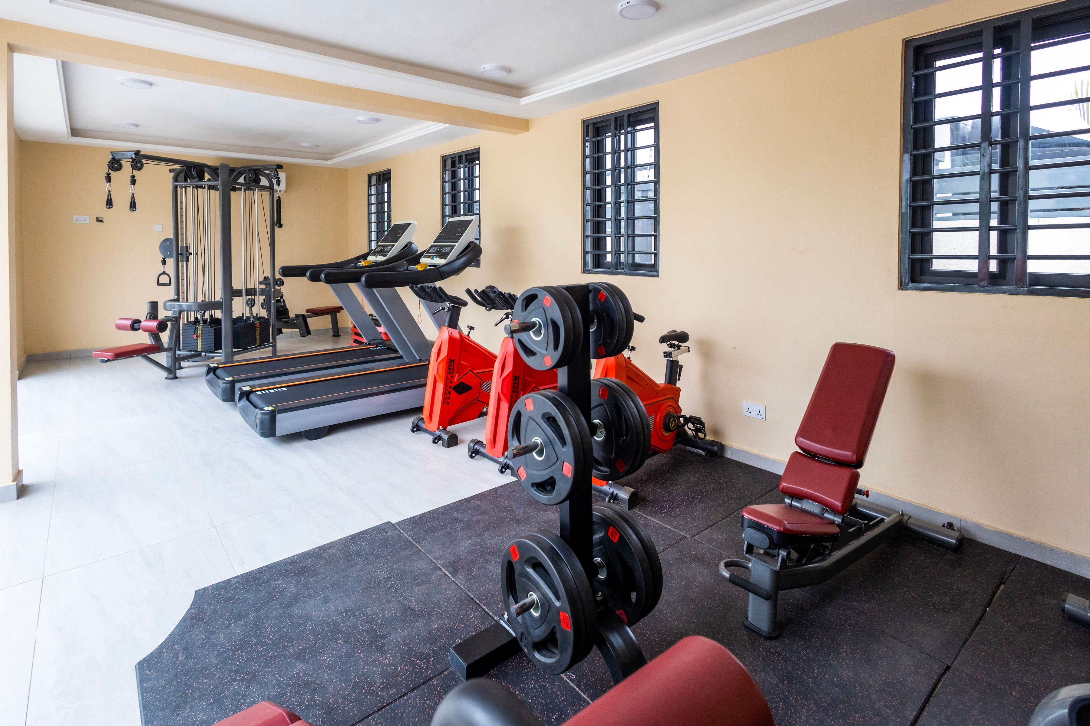 The gym with treadmills, studio bikes, free weights and benches along the windows